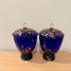 Vintage Set of 2 1980s Art Glass Murano Cobalt Blue Lidded Gold Flecks